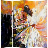 MonoStella Piyano Çalan Kızl 4 Kanatlı Oda Bölücü Çift Taraflı Kanvas Paravan - 160 x 180 cm - Renkli