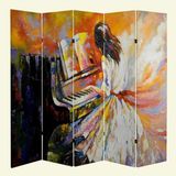MonoStella Piyano Çalan Kızl 5 Kanatlı Oda Bölücü Çift Taraflı Kanvas Paravan - 200 x 180 cm - Renkli