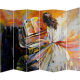 MonoStella Piyano Çalan Kızl 6 Kanatlı Oda Bölücü Çift Taraflı Kanvas Paravan - 240 x 180 cm - Renkli