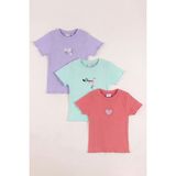 Monox 5-12 Yaş Kız Çocuk 3\'lü Nakışlı Fitilli Tshirt Likralı Esnek Yazlık Body Set - Açık Lila - 5 - 6 Yaş