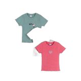 Monox 5-12 Yaş Kız Çocuk 3'lü Nakışlı Fitilli Tshirt Likralı Esnek Yazlık Body Set, Taş Yeşil Nar, 9-10 Yaş