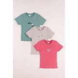 Monox 5-12 Yaş Kız Çocuk 3'lü Nakışlı Fitilli Tshirt Likralı Esnek Yazlık Body Set Taş Yeşil Nar