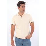 Monox Erkek Polo Yaka Fermuarlı Çizgili Spor Yazlık Triko Tişort Bej 2XL