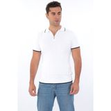 Monox Erkek Polo Yaka Fermuarlı Çizgili Spor Yazlık Triko Tişort Beyaz XL