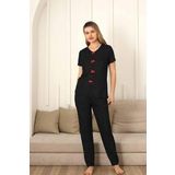 Monox Kadın Kırmızı Fiyonklu Beyaz Puantiyeli Kısa Kol Pijama Takımı, Siyah, 2XL