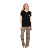 Monox Kadın Leopar Baskı Kısa Kol Uzun Alt Pijama Takımı, Siyah, 2XL
