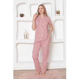 Monox Kadın Önden Düğmeli Kısa Kol Likralı Çizgili Gömlek Pijama Takımı, Kırmızı, XL