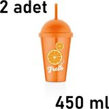 Mons Qlux Ideas 2 Adet Pipetli Meşrubat Bardağı Limonata Ice Americano Bardağı L-00899 - Turuncu - 450 ml