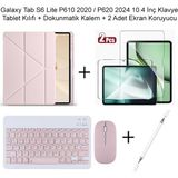 Monsgeek Samsung Galaxy Tab S6 Lite P620 2024 / P610 2020 10.4 Inç Uyumlu Standlı Kılıf ve Dokunmatik Kalem ve Klavye ve Mouse - Pembe