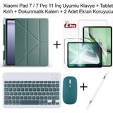 Monsgeek Xiaomi Pad 7 / 7 Pro 11.2 Inç Uyumlu Kalemlik Bölmeli Standlı Kılıf ve Dokunmatik Kalem ve Klavye ve Mouse - Koyu Yeşil