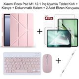 Monsgeek Xiaomi Poco Pad M1 12.1 Inç Uyumlu Standlı Kılıf ve Dokunmatik Kalem ve Klavye ve Mouse - Pembe