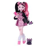 Monster High Bebek, Draculaura Pembe Fiyonklu Elbise ve Siyah Hırka Evcil Hayvan Yarasa Sayısı Muhteşem ve Ramen, Ruj ve Çanta Gibi 7 Aksesuar