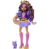 Monster High Mor motosiklet ceketi ve tüylü etek giyen Monster High Clawdeen Wolf bebek, kurt Crescent ve kitap, kruvasan ve çanta gibi 7 aksesuar, JHK30