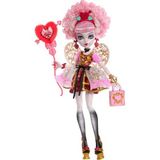Monster High Pembe ve kırmızı parti elbisesi giyen Havalı Doğum Günü Cupid Asteria bebek ve davetiye, balon, hediye gibi temaya uygun aksesuarlar, JBG77