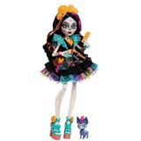 Monster High Renkli papel picado elbisesi giyen Monster High Skelita Calavera bebek, köpekçiği Candelita ve eskiz defteri, atıştırmalık ve çapraz çanta gibi 7 aksesuar, JHK34