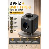 Montbell Akım Korumalı Priz Çoklayıcı 3'lü Priz 2 USB 1 Type-C Şarjlı Çoklu Priz 2500W Termal Korumalı