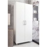 MONTENERO Banyo Dolabı Süpürgelik Kova Deterjan Saklama 2 Kapaklı Çok Raflı Beyaz Krom 85x174 Cm