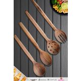 MONTESEV Doğal Ceviz Ağacı Ahşap Tahta Kaşık Spatula Kevgir Çatal Seti Ağaç Kaşık (4 lü Set)