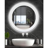 MONTESEV Led'li Işıklı Safir Beyaz Dekoratif Ayna Yuvarlak Ayna İşlemeli Ahşap Duvar Aynası Tekli (31cm Ayna - 43cm Çerçeve)