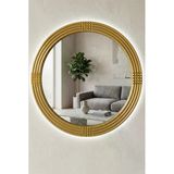 Montesev Led'li Işıklı Safir Gold Dekoratif Ayna Yuvarlak Ayna İşlemeli Ahşap Banyo Aynası Duvar Aynası Tekli - 56 Cm