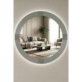 MONTESEV Led'li Işıklı Safir Gümüş Dekoratif Ayna Yuvarlak Ayna İşlemeli Ahşap Duvar Aynası Tekli (44cm Ayna - 56cm Çerçeve)