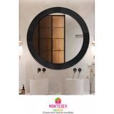 MONTESEV Safir Ahşap Siyah Dekoratif Ayna Yuvarlak Ayna Işlemeli Duvar Aynası Banyo Aynası Tekli - 56 Cm