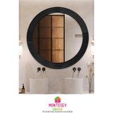 MONTESEV Safir Ahşap Siyah Dekoratif Ayna Yuvarlak Ayna Işlemeli Duvar Aynası Tekli Banyo Aynası - 43 Cm