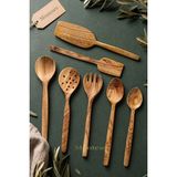 MONTESEV Zeytin Ağacı Ahşap Tahta Kaşık Çatal Kevgir Spatula Seti ( Zeytin Ağacı ) Ağaç Kaşık 7 Li Set