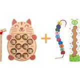Montessori 3 Boyutlu Ahşap Balık Tutma Oyunu + Montessori Ahşap Tırtıl Ipe Dizme Oyunu
