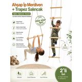Montessori Ahşap İp Merdiven 6 Basamak + Trapez Salıncak 2'Li Set | Çocuk Tırmanma Oyuncağı | Duyu Bütünleme | Jimnastik