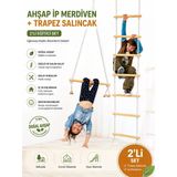 Montessori Ahşap İp Merdiven 6 Basamak + Trapez Salıncak 2'Li Set | Çocuk Tırmanma Oyuncağı | Duyu Bütünleme | Jimnastik