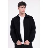 Montland Erkek Siyah Gabardin Kumaş Fermuarlı Oversize Beli Lastikli Mevsimlik Ceket