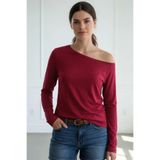 Mood Lab Antrasit Kadın Düşük Omuz Kayık Yaka Rahat Kesim Uzun Kollu T-Shirt