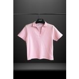 Mood Lab Kadın Açık Pembe Polo Yaka Fitilli Kaşkorse Kısa Kollu Tişört