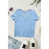 Mood Lab Kaşkorse Crop Slim Fit V Yaka Detaylı Mavi Tişört Badi