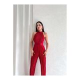 Mooi Butik Misscix Fitilli Kolsuz Halter Yaka Kadın Kırmızı Tulum - Abiye & Mezuniyet Tulum Elbise