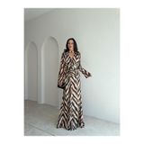 Mooi Butik SERMON Desenli Maxi Elbise 4135 - Kahverengi