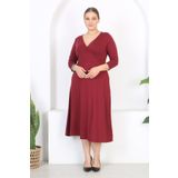 Mooi XXL Kadın Bordo Uzun Kol Kruvaze Yaka Büyük Beden Maxi Elbise