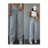 mooishan Alyona Mavi Kadın Kar Yıkama Likralı Yüksek Bel Salaş Paça Jeans Palazzo Pantolon