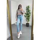 mooishan Kadın Açık Mavi Asit Kar Yıkama Süper Yüksek Bel Comfort Likralı Mom Kot Pantalon Jeans