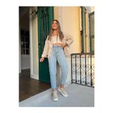 Mooishan Kadın Mom Jeans Kot Pantolon Mavi Kar