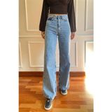 Mooishan Pamela Kadın Yüksek Bel Mavi Kar Yıkama Wide Leg Likralı Palazzo Jeans Pantolon