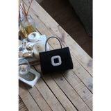 Moom Bag Siyah Parlak Kare Taş Toka Aksesuarlı Taşlı Tutma Kulplu Abiye El Çantası Omuz Çantası