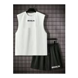 MOONBULL Erkek Brooklyn Baskılı Oversize Kolsuz T-shirt-Şort Takım