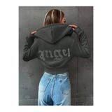 MOONBULL Kadın Angel Taş Sırt Baskılı Kapüşonlu Fermuarlı Crop Sweatshirt