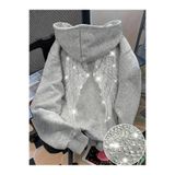 MOONBULL Kadın Sırtı Kanat Taş Baskılı 3 İplik Şardonlu Kumaş Kapüşonlu Oversize Sweatshirt