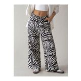 MOONBULL Kadın Zebra Desenli Bürümcük Kumaş Bel Lastikli Bağlamalı Dokuma Geniş Paça Pantolon