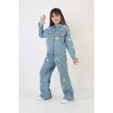 Moonch Kız Çocuk Çiçek Nakışlı Kot Takım – %100 Pamuk Denim Ceket ve Pantolon – Günlük Rahat Jean Kombin - Mavi - 4 – 5 Yaş