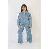 Moonch Kız Çocuk Çiçek Nakışlı Kot Takım – %100 Pamuk Denim Ceket ve Pantolon – Günlük Rahat Jean Kombin - Mavi - 7 – 8 Yaş