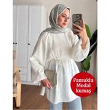 Moonsc Kadın Balon Kol Bel Bağlamalı Modal Kumaş Beyaz Tesettür Tunik Gömlek - Standart